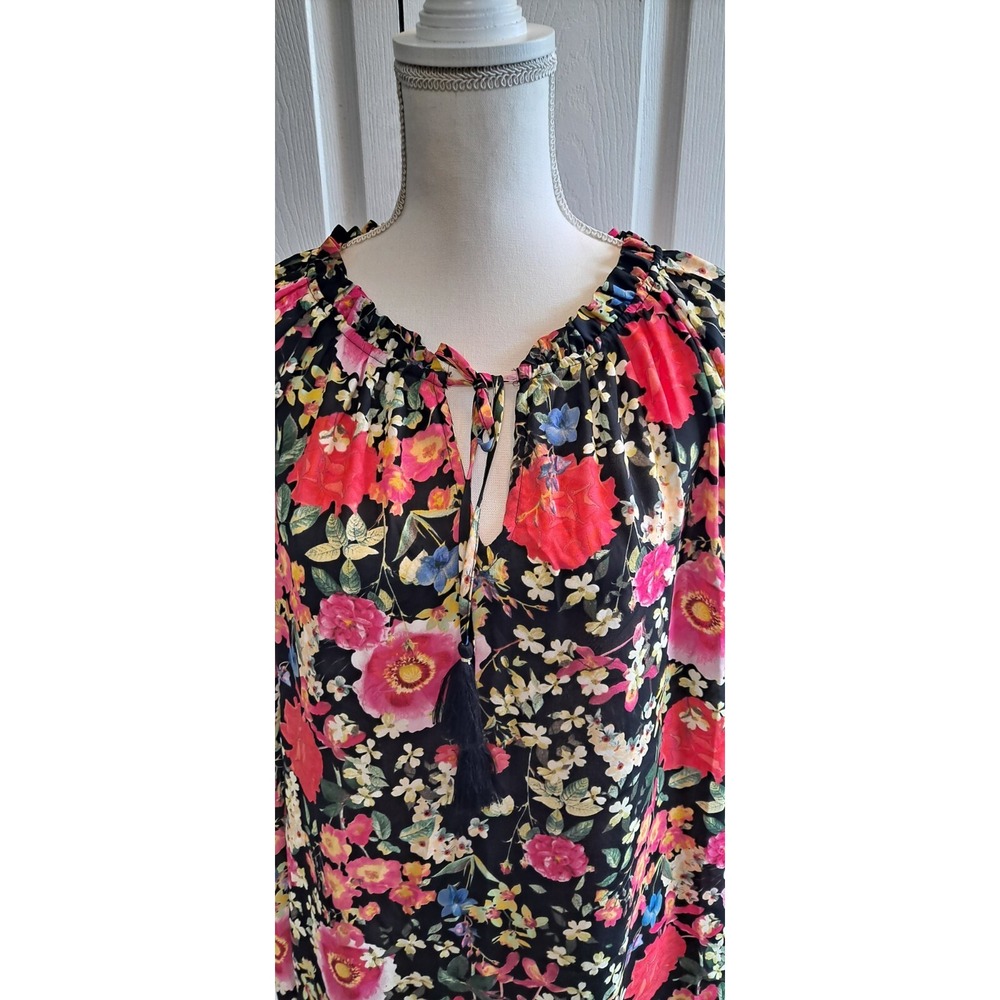3XL Rose+Olive Black Floral‎ Ruffel Short Sleeve Top With Tassel Tie - Picture 6 of 7